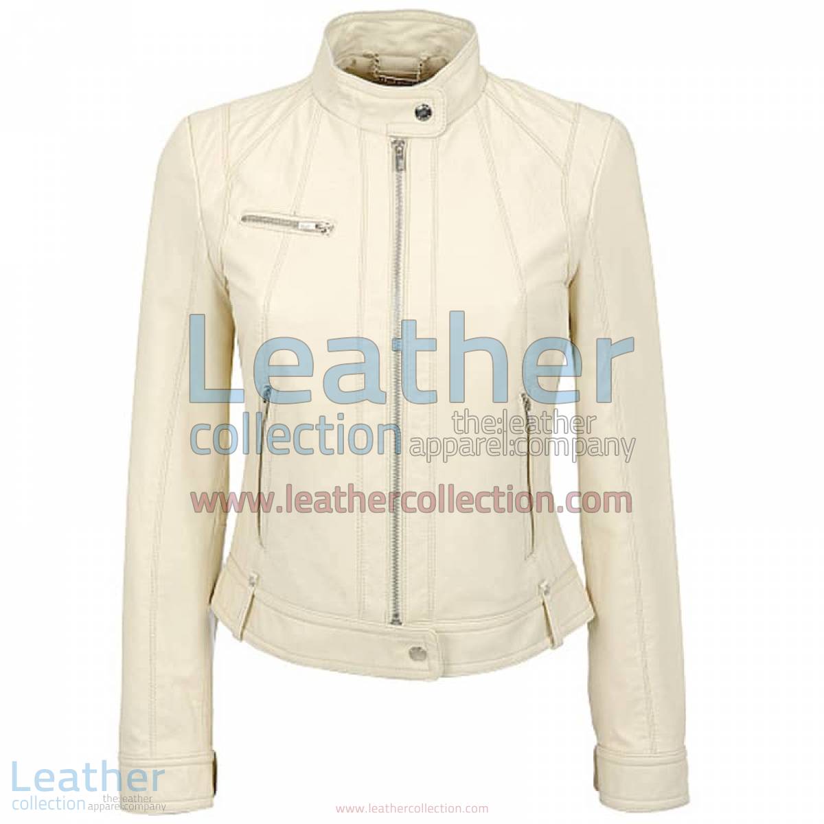 Banded Collar Washed Leather Scuba Jacket in White