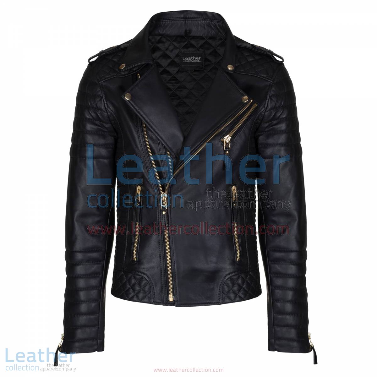 Biker Mens Quilted Leather Jacket with Golden Hardware