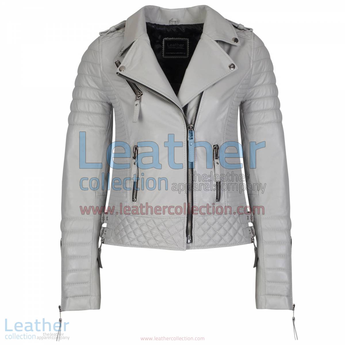 Biker Womens Grey Quilted Leather Jacket