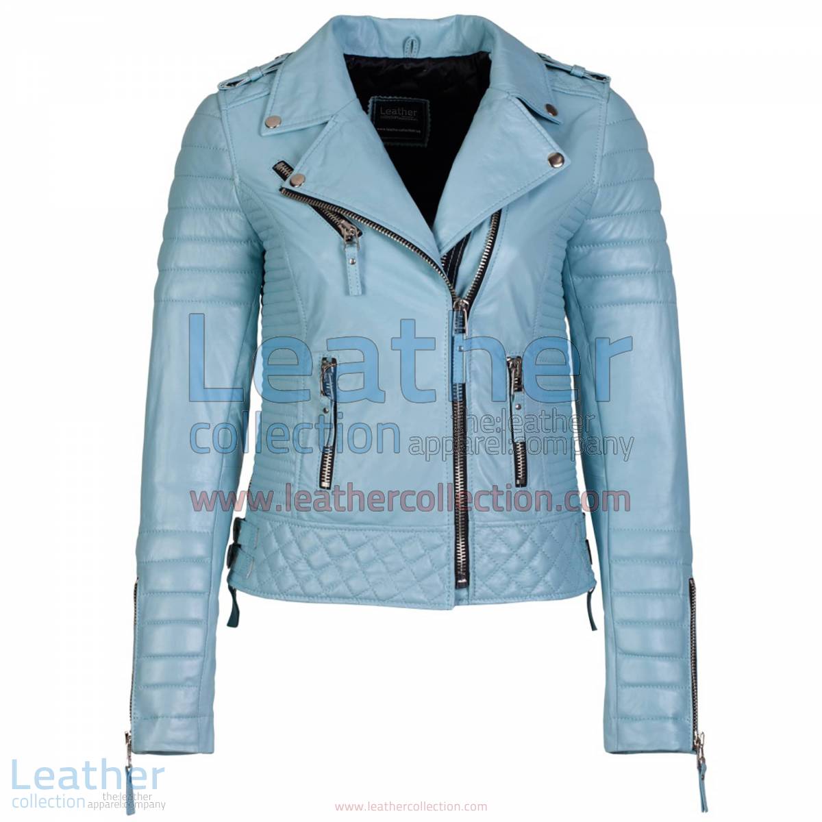 Biker Womens Leather Quilted Jacket Sky Blue