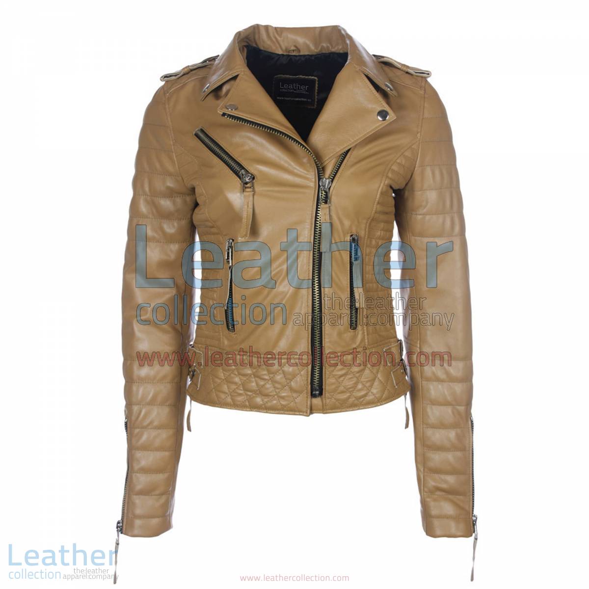 Biker Womens Camel Quilted Leather Jacket