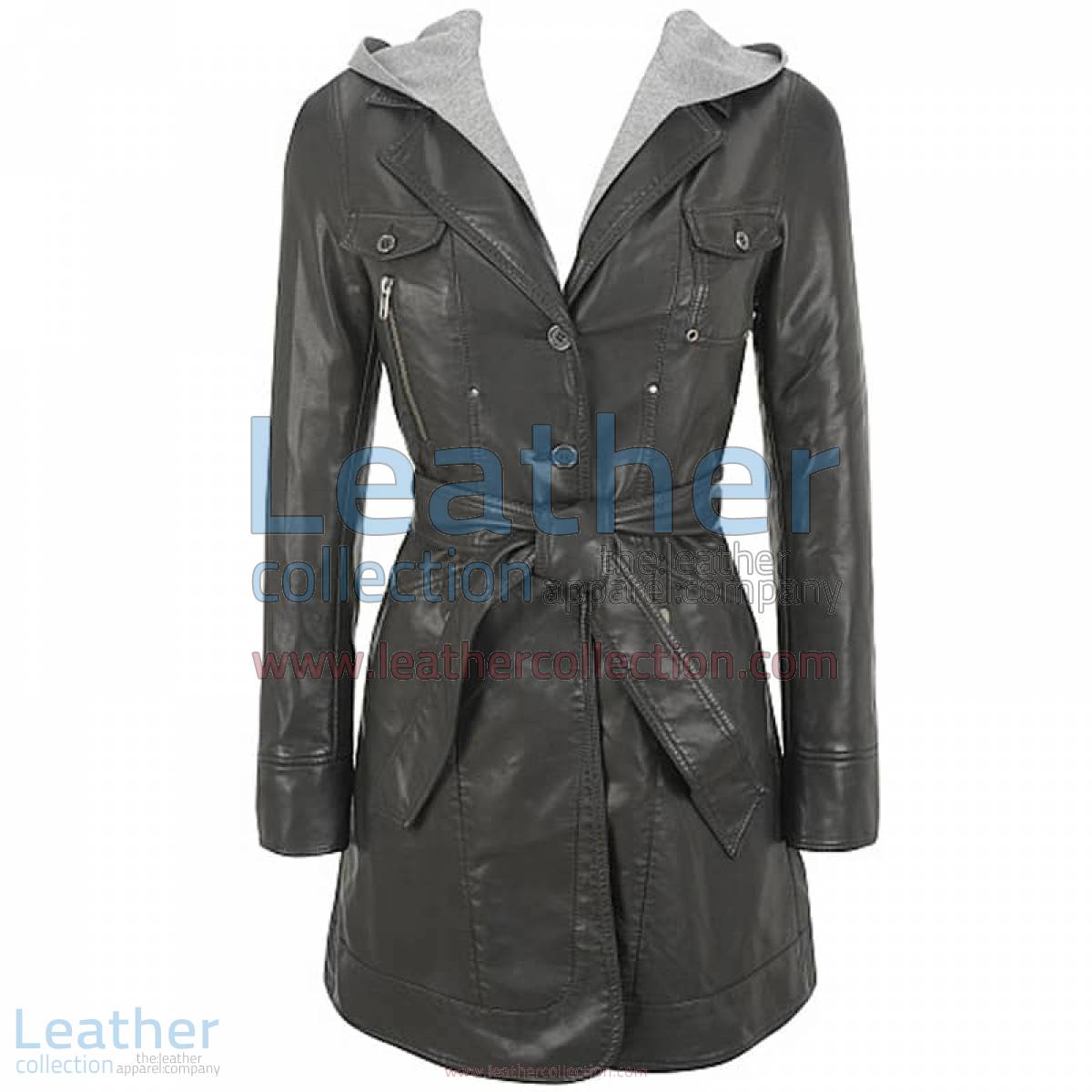 Hooded Leather 3/4 Length Coat Womens