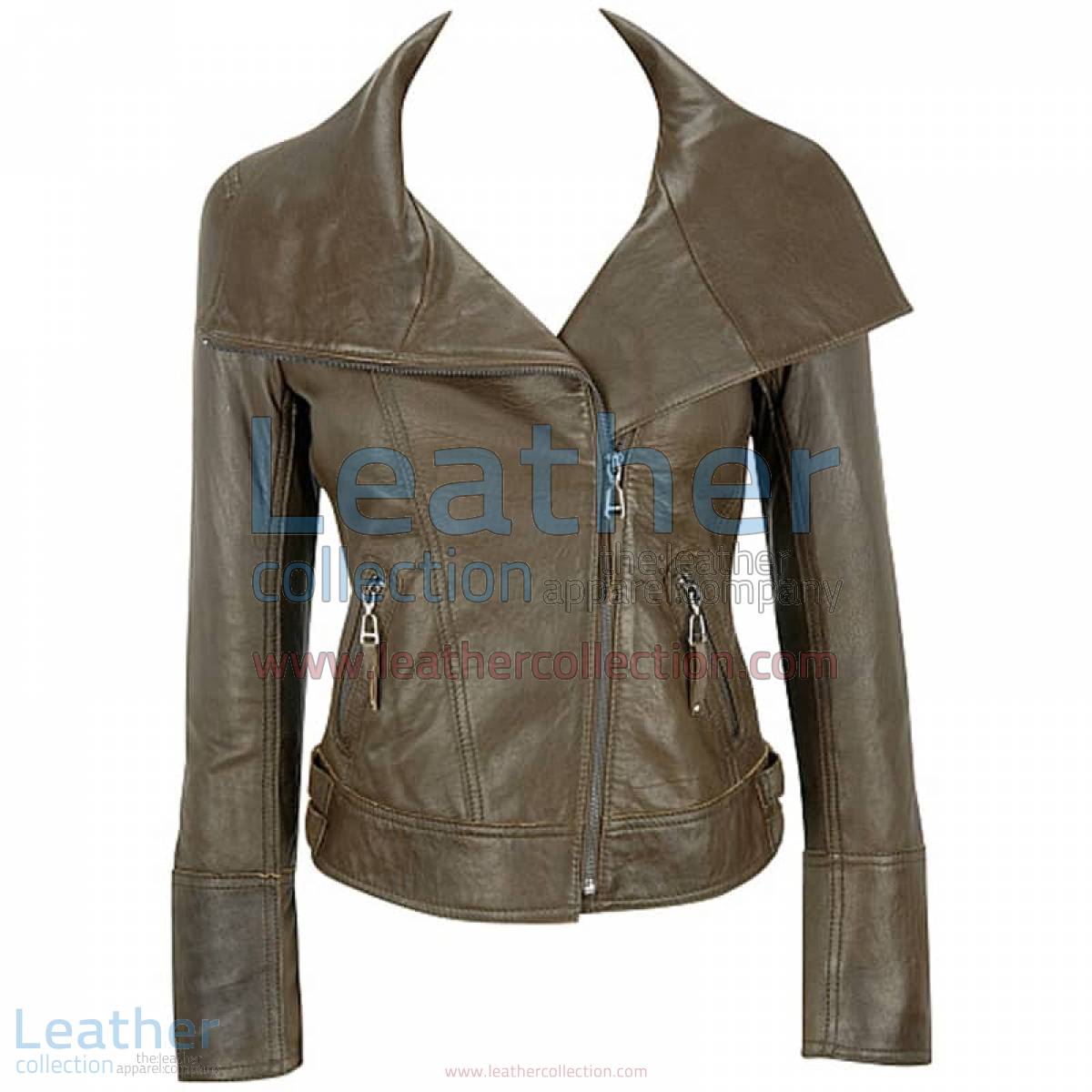 Lamb Leather Asymmetrical Jacket Brown