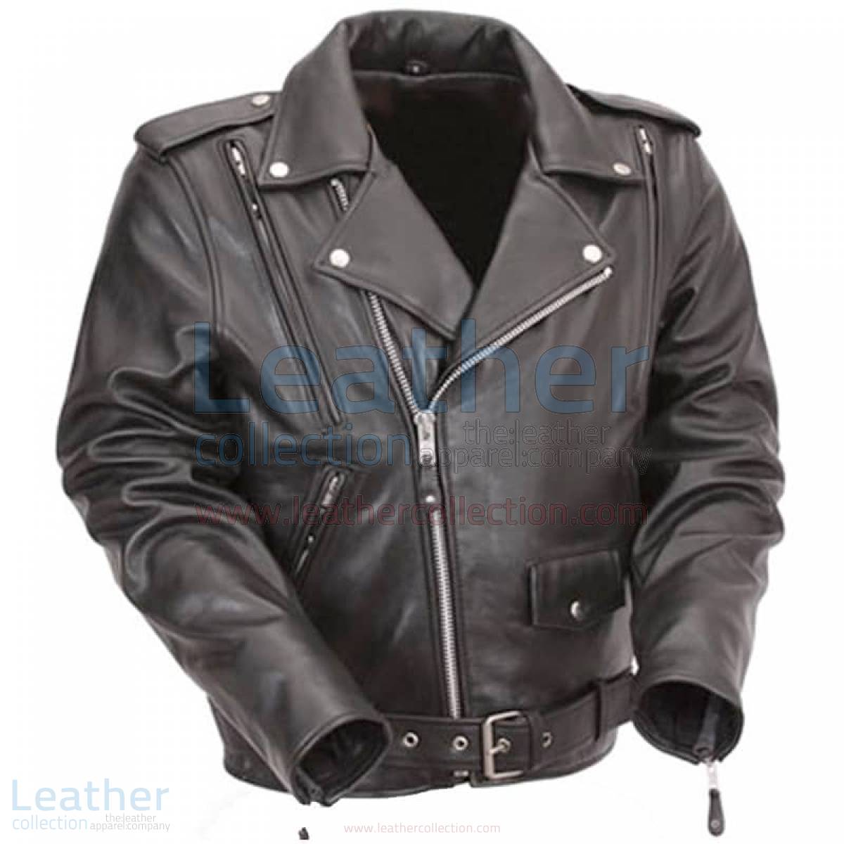 Black Leather Motorcycle Jacket with Exclusive Built-in Back Support