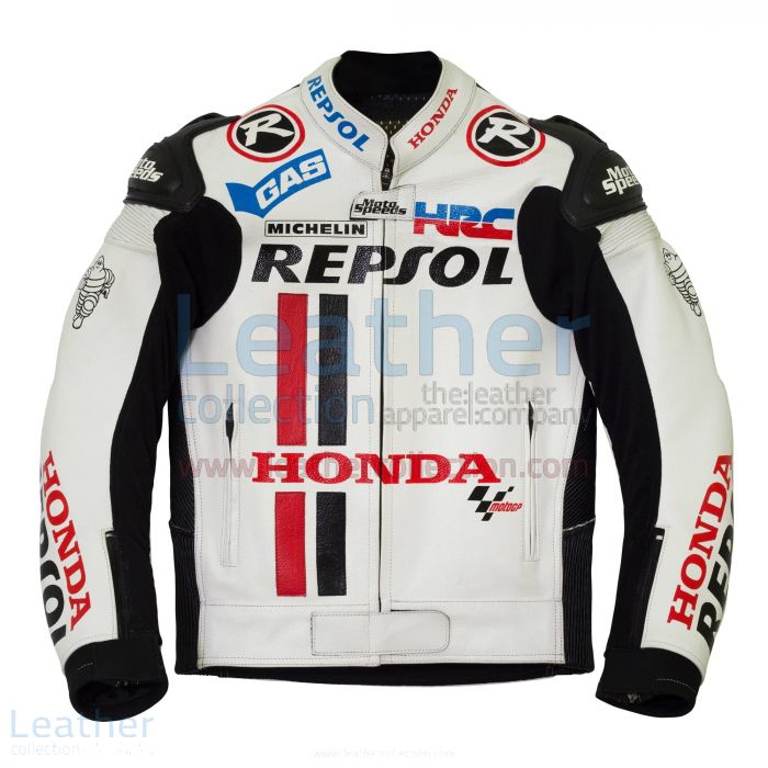 Honda Repsol White Leather Race Jacket front view
