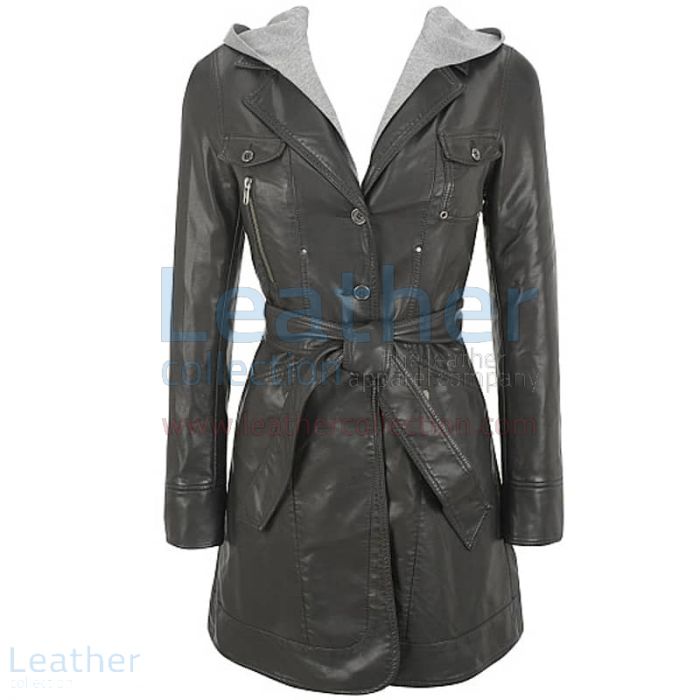 Hooded Leather 3/4 Length Coat Womens front view