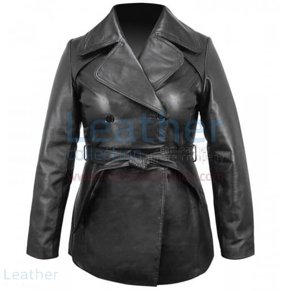 Ladies Leather Belted Pea Coat Front View