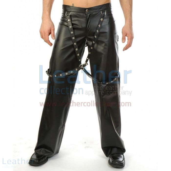 Men Leather Suspender Pants Front View