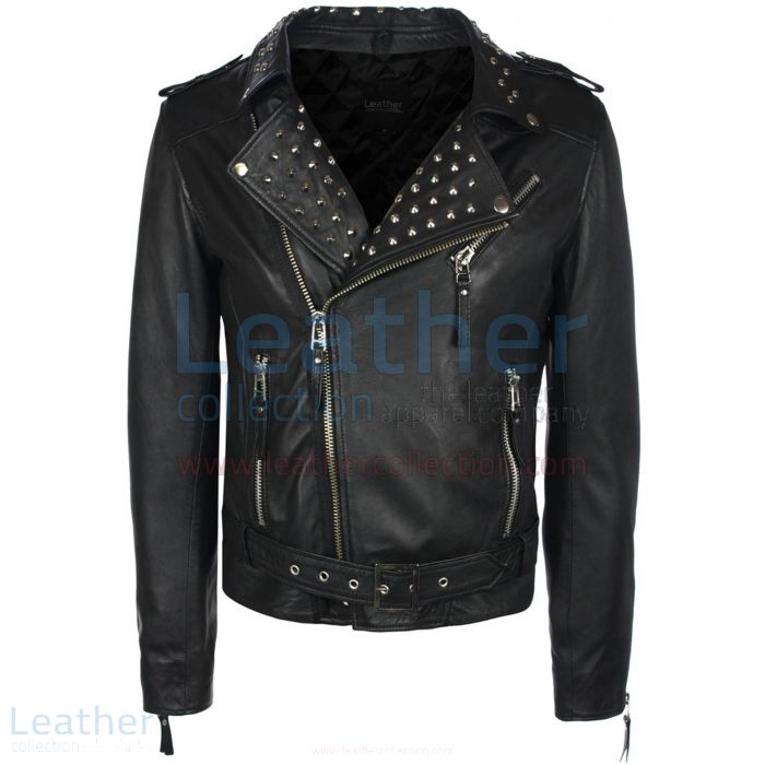 Mens Studded Collar Leather Jacket front