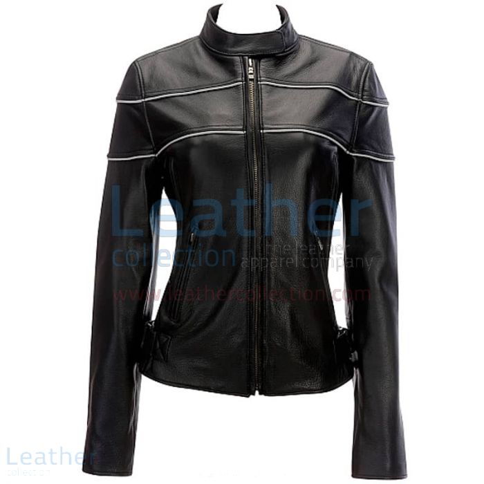 Reflective Piping Womens Leather Biker Jacket Black front view