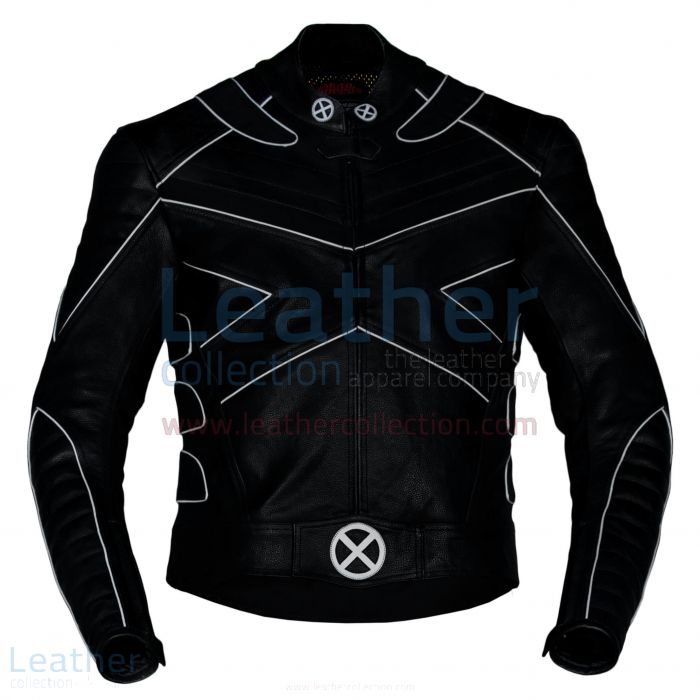 X-Men Motorbike Leather Riding Jacket with Silver Piping front view